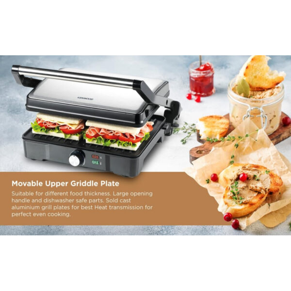 Kenwood Grill 2000W Contact Health Grill Panini Press with Variable Temperature 3 Grill Positions for Panini Burger Sandwich Pizza Steak Chicken Fish Vegetables HGM31.000SI