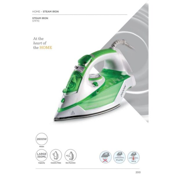 Kenwood Steam Iron 2600W with Ceramic Soleplate Anti-Drip Anti-Calc Self Clean Continuous Steam Burst Spray Function STP70.000WG