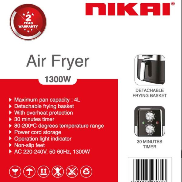 Nikai Air Fryer 3.5L 1300w 30min Timer With Basket Low Oil Cool Touch Temperature Adjustable Low Oil Fryer Healthy Fryer NAF788A-2
