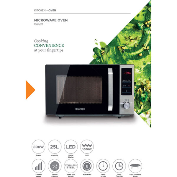 Kenwood 25L Microwave Oven with Grill Digital Display 5 Power Levels Defrost Function Stainless Steel Auto Menu 95 Minutes Timer Clock Function 800W MWM25.000BK