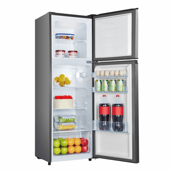 Hisense Refrigerator 154L Double Door, Top Freezer, Energy Class A, LED Lighting, Reversible Door, Tempered Glass, Titanium Silver H225TTS