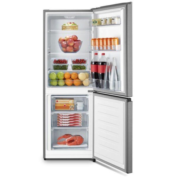 Hisense Refrigerator 223L Double Doors, Bottom Freezer, Defrost Cooling, Energy Class A, Recessed Handle, Tempered Glass, Reversible Door, Inox H310BIT