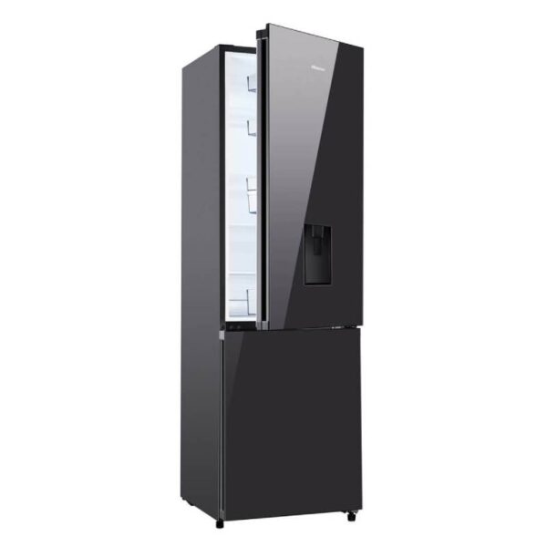 Hisense Refrigerator 263L Water Dispenser, Bottom Freezer, Defrost Cooling, A+ Energy Class, Recessed Handle, Big Guard, LED Light, Tempered Glass Black Mirror H370BMIB-WD