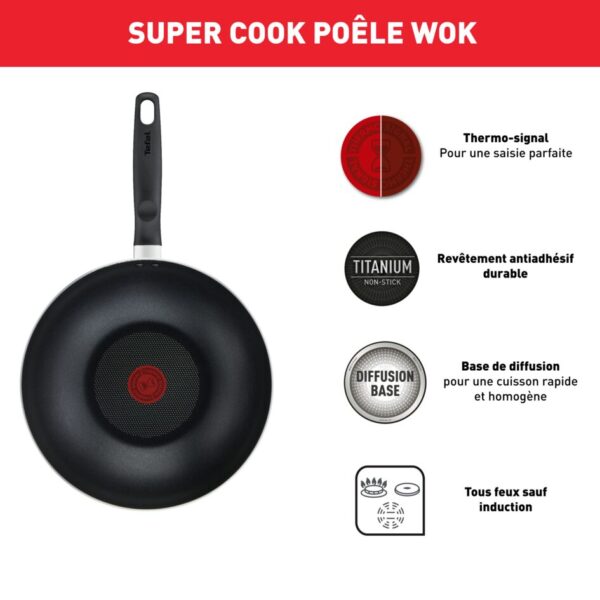 Tefal Super Cook Wok Pan 28cm + Lid Non Stick Thermo Signal 100% Safe Frying Pan Black Aluminium B4591684