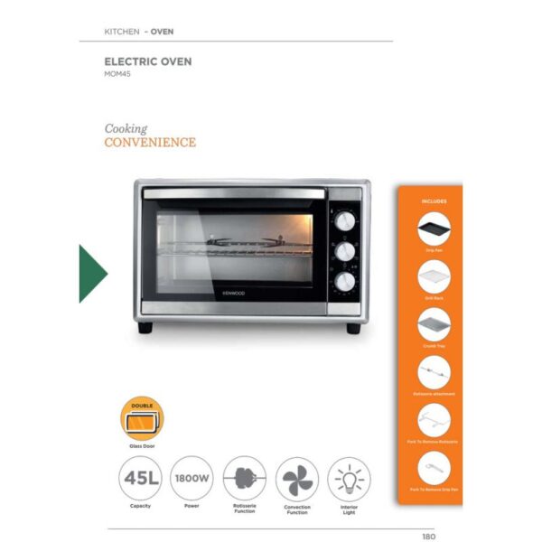 Kenwood 45L Toaster Oven - Oven Toaster Grill Large Capacity Double Glass Door Multifunctional with Rotisserie and Convection Function for Grilling Toasting Broiling Baking Defrosting MOM45.000SS