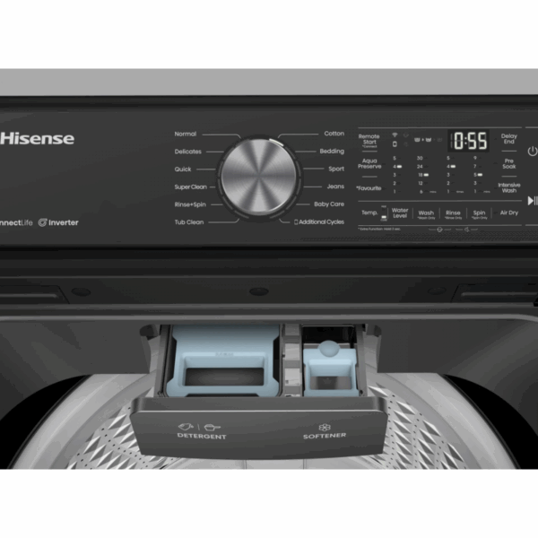 Hisense Washing Machine 18kg Top Loading, LED Display, Double Water Inlets, Smart Fuzzy Logic, Connect Life, Pre Soak Function, Self Programming Function Titanium Silver WT5T1825DT