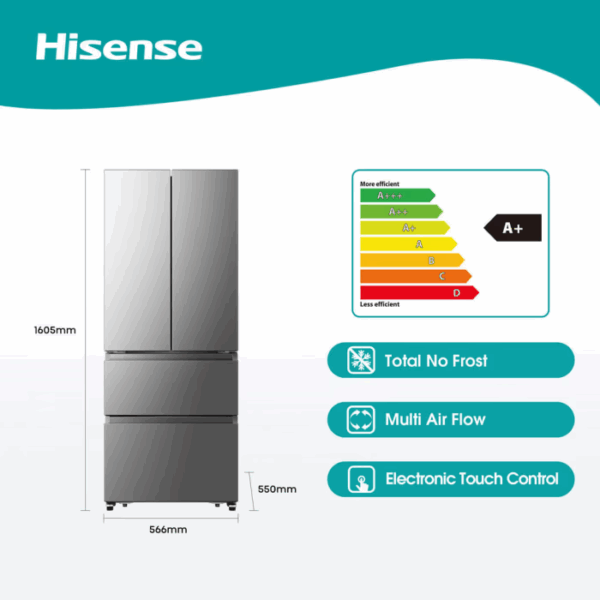 Hisense Refrigerator 380L, French Door, Total No Frost, Multi Airflow, Metal Glide Drawer, Soft LED Lighting, Electronic Touch Control, Inox H530FI