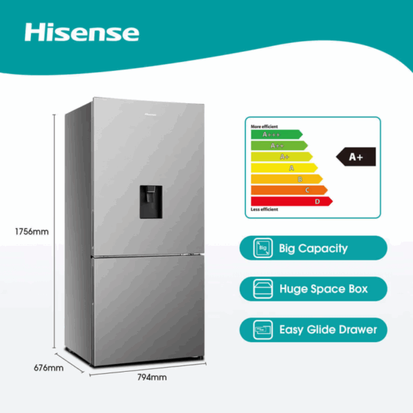 Hisense Refrigerator 463L, Double Door Bottom Freezer, with Water Dispenser, Precise Temperature Control, Multi-Airflow for Constant Temperature, A+ Energy Saving H610BS-WD