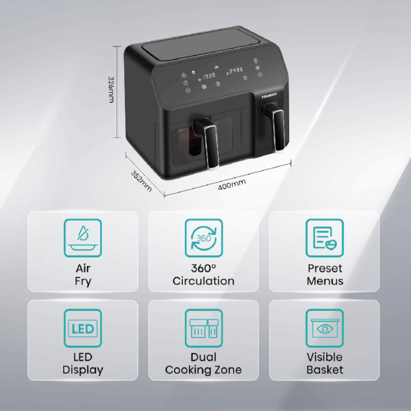 Hisense Dual Air Fryer 8.6L with LED Touch Control Panel, Two Cooking Basket 5.3L & 3.3L, Black H09AFBK2S5