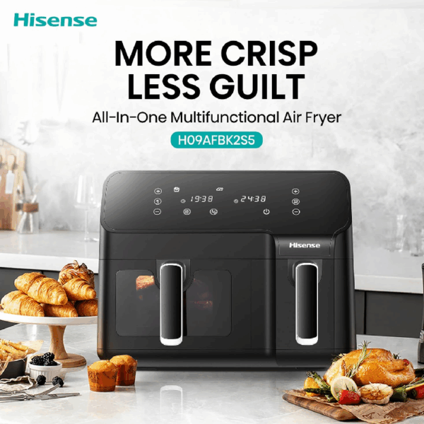 Hisense Dual Air Fryer 8.6L with LED Touch Control Panel, Two Cooking Basket 5.3L & 3.3L, Black H09AFBK2S5