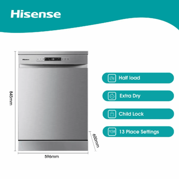Hisense 13 Place Dishwasher with 8 Programs, LED Display, Touch Control, Stainless Steel Tub & Filter, Inox H13DX