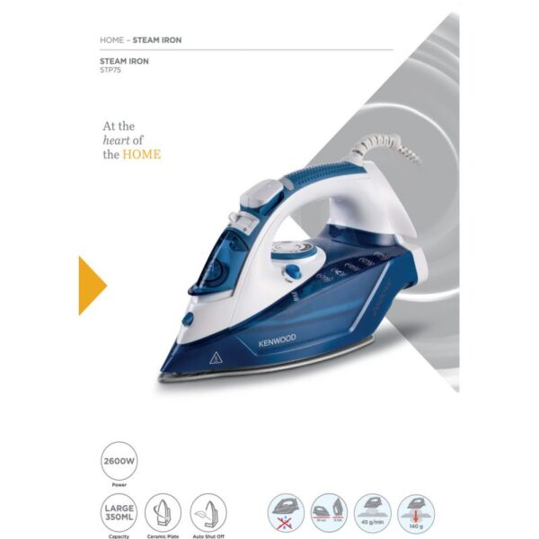 Kenwood Steam Iron 2600W with Ceramic Soleplate Auto Shut-Off Anti-Drip Anti-Calc Self Clean Continuous Steam Steam Burst Spray Function STP75.000WB