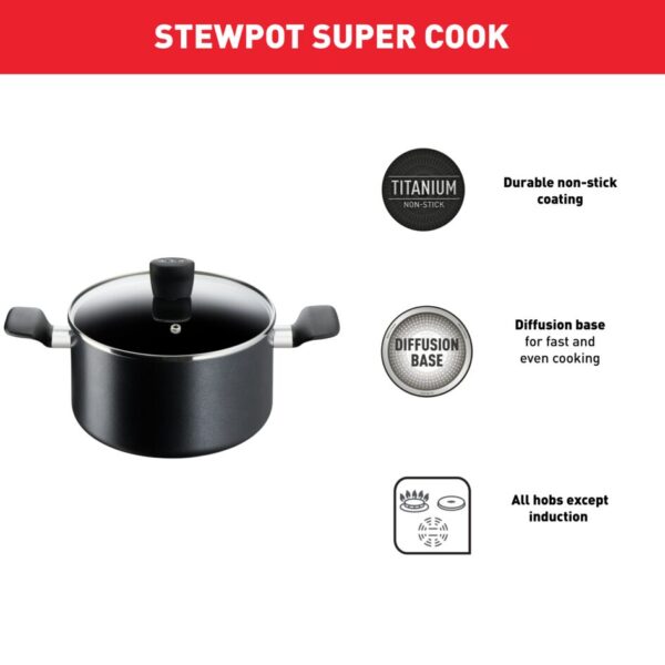 Tefal Super Cook Stew Pot 22cm + Lid Non Stick Thermo Signal 100% Safe Stew Pan Black Aluminium B4594584