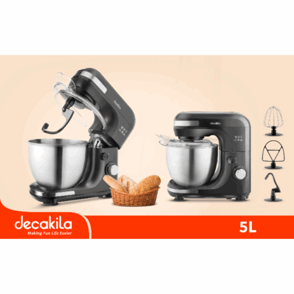Decakila Stand Mixer 600W 5L 7 Speeds 3 Attachments Lift-able Head Mixer With Transparent Splash Guard Plastic Body With Stainless Steel Decoration Ring KEMX003B