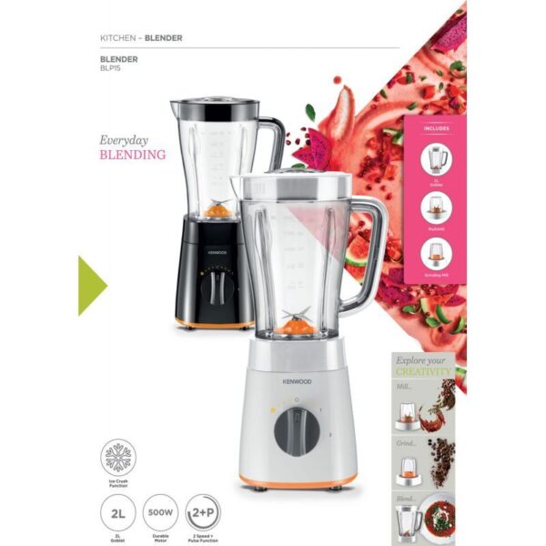 Kenwood Blender 2L Plastic Jar 500W with Mill & 2 Speed Pulse & Ice Crush Function BLP15.150BK