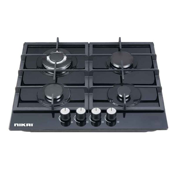 Nikai Gas Built In Hob Cast Iron Pan Support 4 Gas Burner with FFD Projector and Auto Ignition 58x50x12cm 8MM Tempered Glass NGH44G