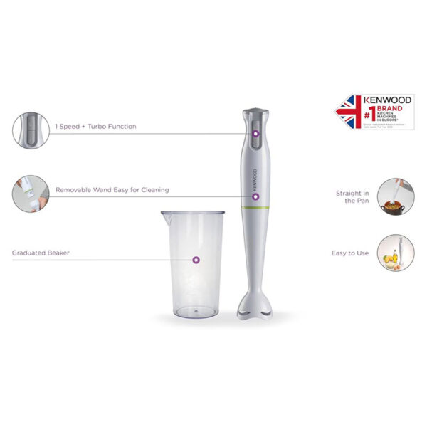 Kenwood Hand Blender 600W Stick Blender with Graduated Beaker Turbo Function Removable Wand for Easy Cleaning HBP02.001WH