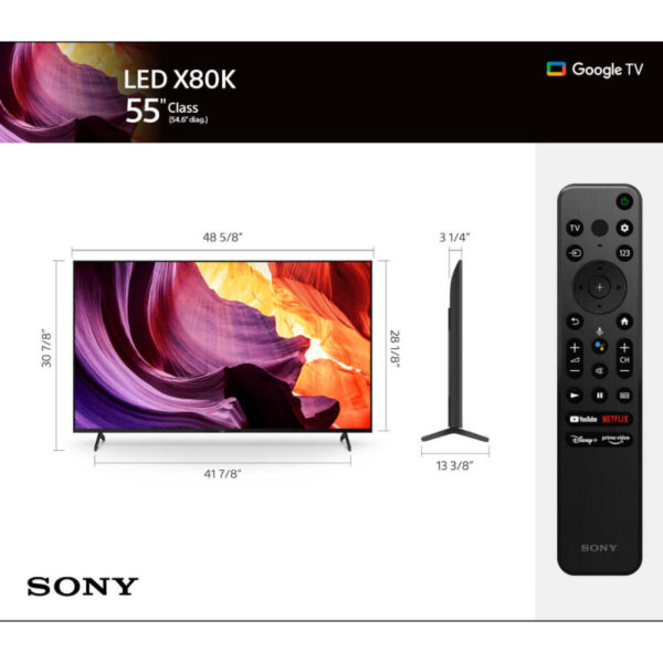 Sony 55" LED 4K HDR Smart Google TV, Triluminos Display, Dolby Vision & Atmos, Motionflow XR Technology, 4K X-Reality Pro, Bravia Cam with Gesture Control, Bezel Design KD-55X80K