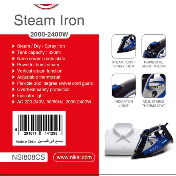 Nikai Steam Iron 2000W Steam Dry Spray Steam / Dry / Spray Iron Tank 320ML Nano Ceramic Sole Plate Powerful Burst Steam Vertical Steam Function NSI808CS