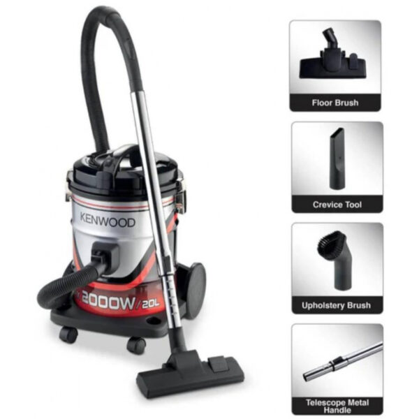 Kenwood Drum Vacuum Cleaner 2000W 20L Tank with 8m Extra Long Power Cord Removable & Washable Filter Multi Surface for Home Office VDM40.000BR