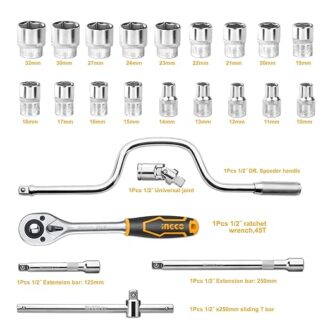 Ingco Socket Set 24Pcs 1/2" with Cr-V Material, Heat treated & Chromed Plated HKTS0243