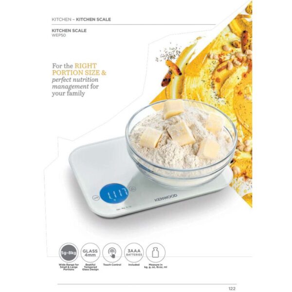 Kenwood Digital Kitchen Scale With 6 Weighing Units 3mm Tempered Glass Touch Control 3 Aaa Batteries Tare/Zero Function Auto Shut-Off White1G-8Kg Capacity WEP50.000WH