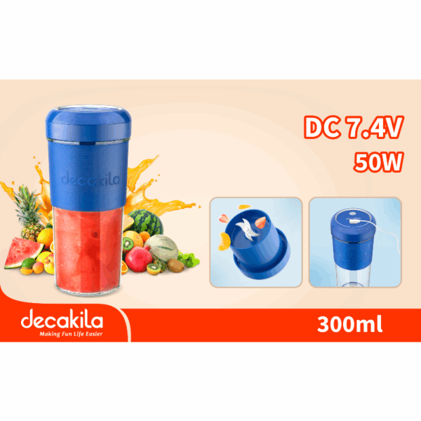 Decakila Portable Blender 50W 7.4V Cordless 300ML 2 Bladed Stainless Steel Blade Anti-Slip Handshake Design With 1 USB Charging Line KMJB012L