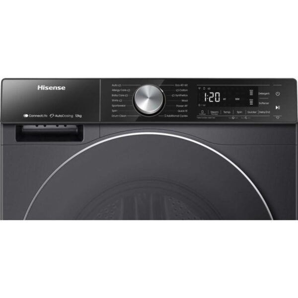 Hisense Washing Machine 12kg, Front Load Auto Dosing, Auto Wash, Steam Wash Titanium WF5S1245BB