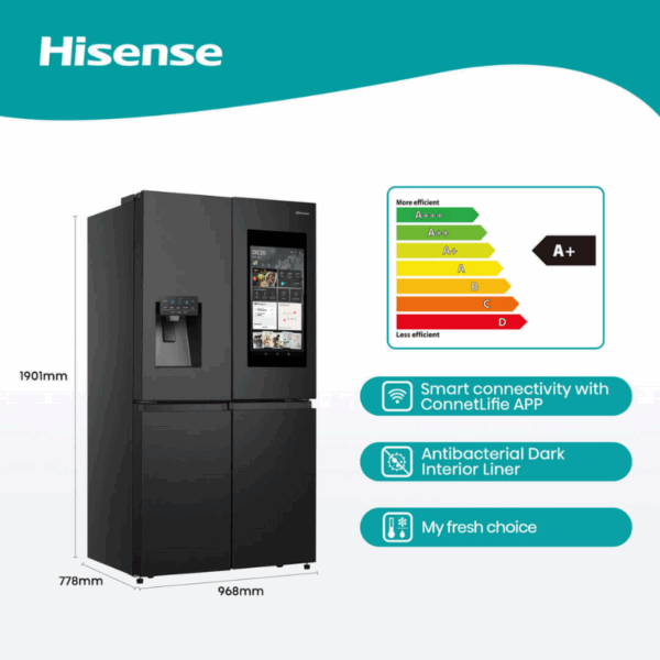 Hisense Refrigerator 536L French Door with Plumbed LED Screen, Wifi, Water & Ice Dispenser Black Stainless Steel H750FSB-IDS