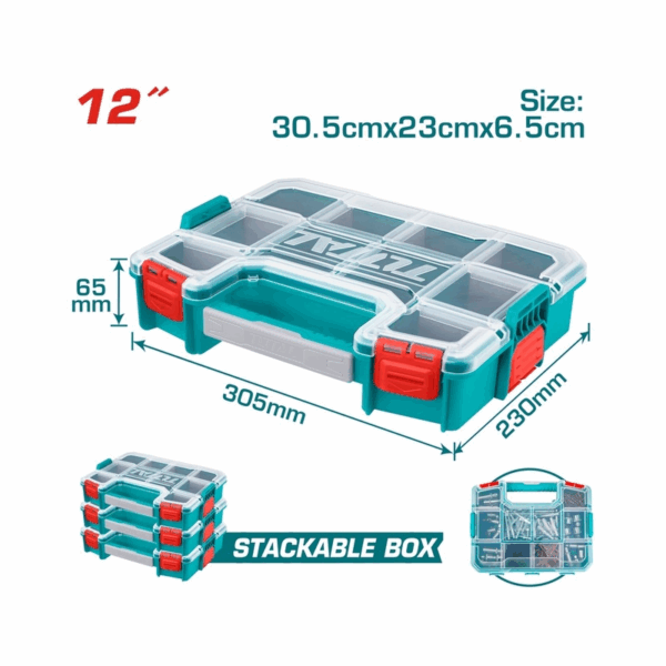 Total Empty Tool Box Plastic Organizer 30.5 x 23 x 6.5cm with Built in Carry Handle and Latch for Easy Transport, Removable Dividers TPBX1121