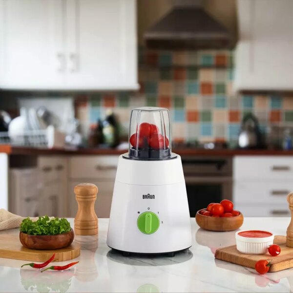 Braun Blender 1.5L 500w Mill & Chopper PowerBlend Triangular Plastic Jug, 2 Speed, Ice Crushing Function, Stainless Steel Blades JB0123WH