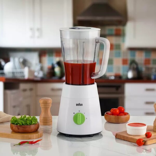 Braun Blender 1.5L 500w Mill & Chopper PowerBlend Triangular Plastic Jug, 2 Speed, Ice Crushing Function, Stainless Steel Blades JB0123WH