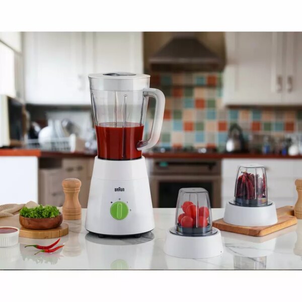Braun Blender 1.5L 500w Mill & Chopper PowerBlend Triangular Plastic Jug, 2 Speed, Ice Crushing Function, Stainless Steel Blades JB0123WH