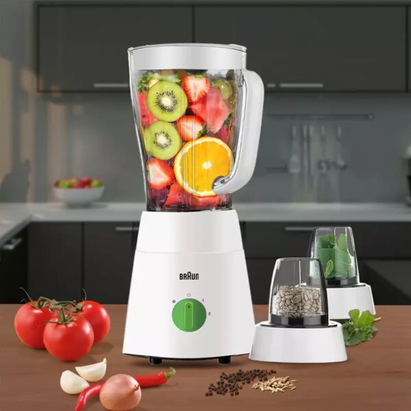 Braun Blender 1.5L 500w Mill & Chopper PowerBlend Triangular Plastic Jug, 2 Speed, Ice Crushing Function, Stainless Steel Blades JB0123WH