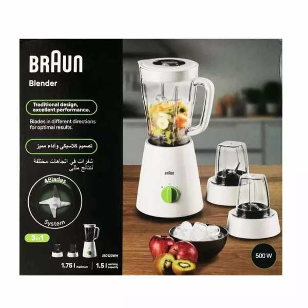 Braun Blender 1.5L 500w Mill & Chopper PowerBlend Triangular Plastic Jug, 2 Speed, Ice Crushing Function, Stainless Steel Blades JB0123WH
