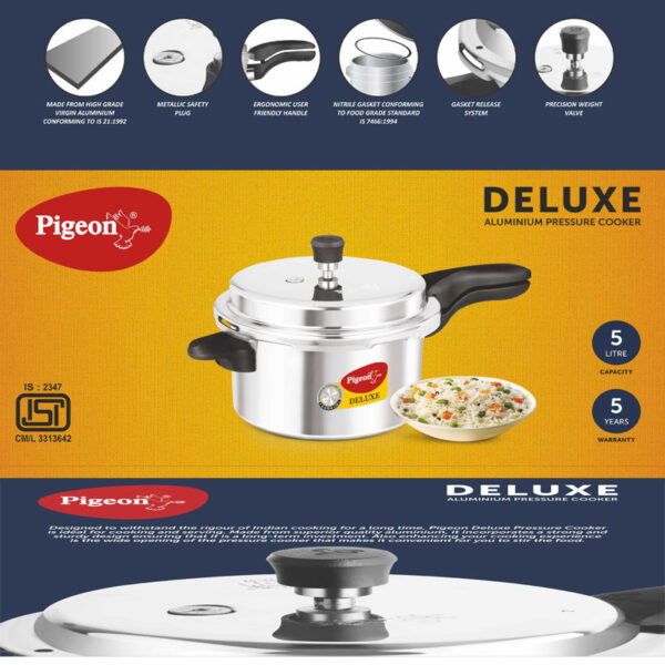 Pigeon Pressure Cooker 5L Deluxe Aluminium Outer Lid Gas Stove Compatible Ergonomically Designed Handle PP5