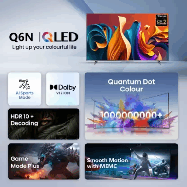 Hisense 75" QLED UHD 4K Smart TV with Quantum Dot Colour, 120Hz, Dolby Vision, 4K AI Upscaler, Game Mode PLUS, Voice Control, VIDAA 75Q6N