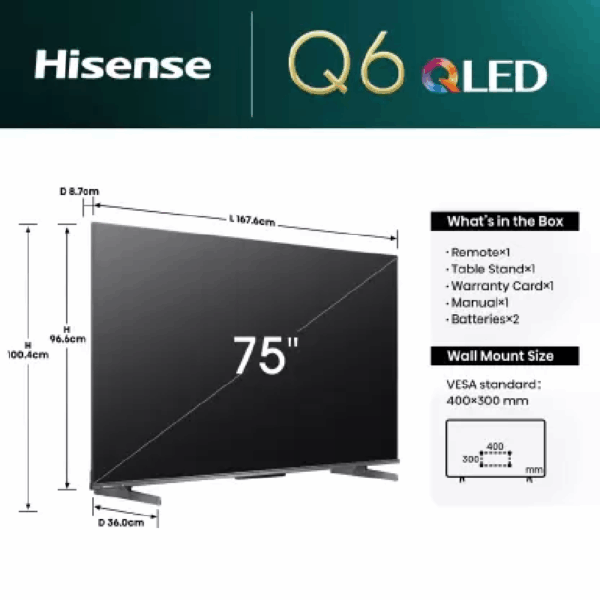 Hisense 75" QLED UHD 4K Smart TV with Quantum Dot Colour, 120Hz, Dolby Vision, 4K AI Upscaler, Game Mode PLUS, Voice Control, VIDAA 75Q6N