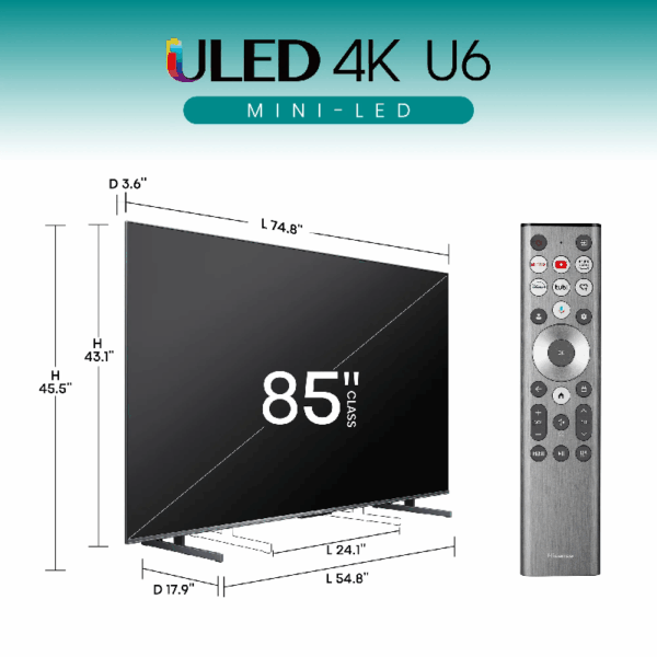 Hisense 85" Mini-LED QLED UHD 4K Smart TV with Quantum Dot Color, Dolby Vision & Atmos, HDR 10+, Voice Control, Google TV 85U6N-PRO
