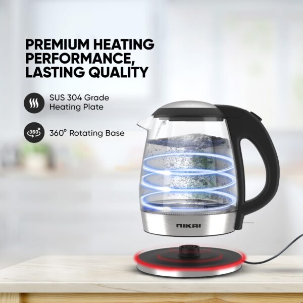 Nikai Kettle Glass Body 1.2L 2200w Compact Cordless Electric Glass Kettle Boiler Automatic Shut Off Boil Dry Protection LED Indicator Integrated Filter 360° Rotating Base NK303G