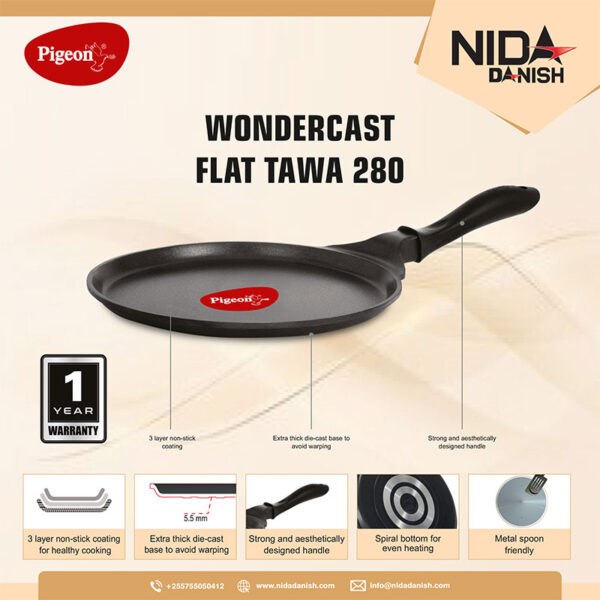 Pigeon Aluminium Non Stick Flat Tawa 280 Wonder-cast 27CM Non Induction Base All Stove Compatible SAP 729