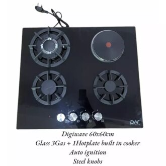 Digi Wave Hob 3 Gas And 1 Hotplate Burner with Auto Ignition 60x60x 8MM Tempered Glass DWGC 2001