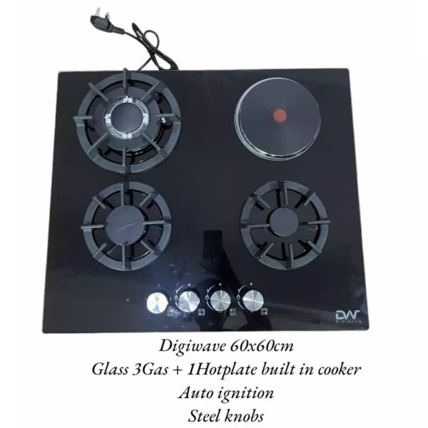 Digi Wave Hob 3 Gas And 1 Hotplate Burner with Auto Ignition 60x60x 8MM Tempered Glass DWGC 2001