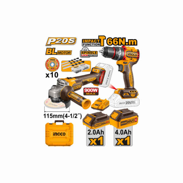 Ingco 2pcs Cordless Combo Kit Lithium-ion 20V with Agnel Grinder & Impact Drill CKLI20273