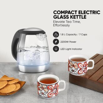 Nikai Kettle Glass Body 1.2L 2200w Compact Cordless Electric Glass Kettle Boiler Automatic Shut Off Boil Dry Protection LED Indicator Integrated Filter 360° Rotating Base NK303G