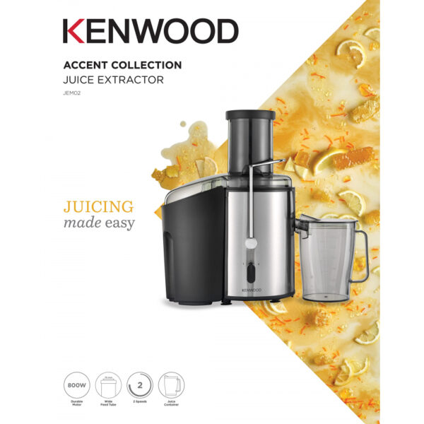 Kenwood Juicer 700W 2L Stainless Steel Juice Extractor with 75mm Wide Feed Tube 2 Speed Transparent Juice Jug Pulp Container Anti Drip JEM50.000BS