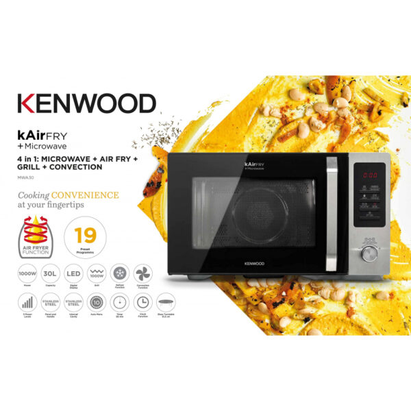 KENWOOD Microwave Oven 30L + Air Fryer + Grill + Convection 1000W 4-in-1 Preset Programs 19 Digital Display 5 Power Levels Defrost Function 95 Minutes Timer Clock Function MWA30.000BK