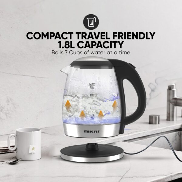 Nikai Kettle Glass Body 1.2L 2200w Compact Cordless Electric Glass Kettle Boiler Automatic Shut Off Boil Dry Protection LED Indicator Integrated Filter 360° Rotating Base NK303G