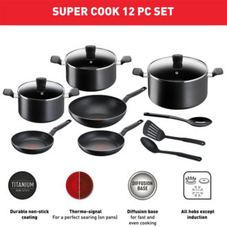 Tefal Dark Stone Cookware Set 11PCS Non Stick Thermo Signal 100% Safe Stewpots 22/24 CM + Lids Saucepan 18 CM Frypan 28 CM Wokpan 28 CM Spoon Ladle B491SB85