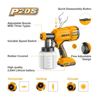 Ingco Lithium-Ion Spray Gun, 20V, 0.1-0.2Bar, 800ml CSGLI2001